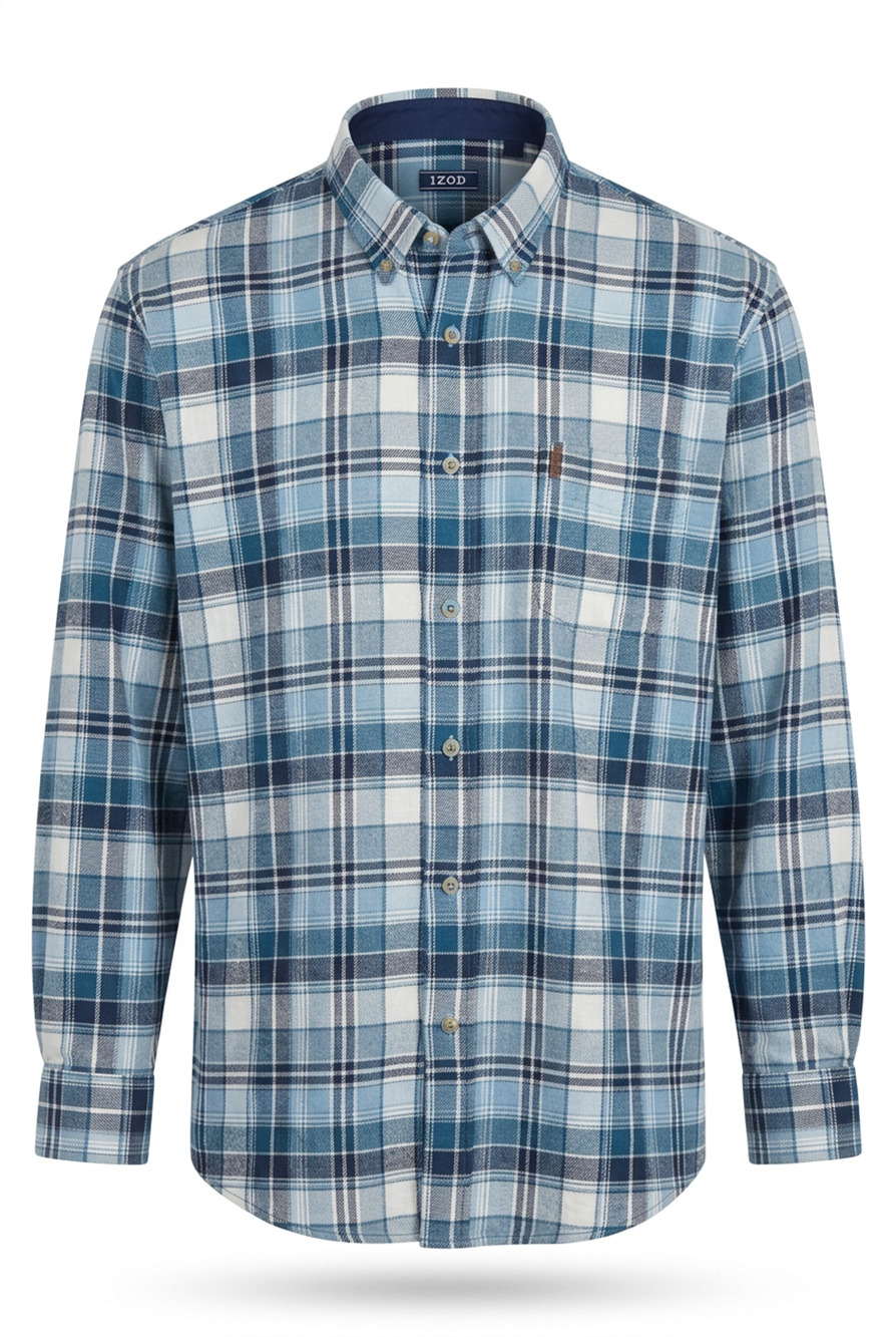 IZOD Flannel Shirt Mens XXL 2XL Blue White Plaid Button Down Long Sleeve